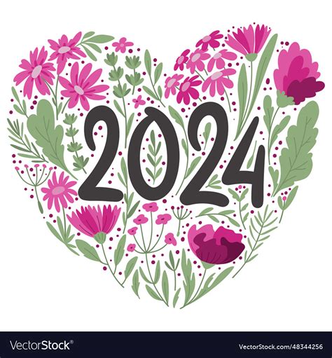 2024 new year greeting card flowers in heart Vector Image