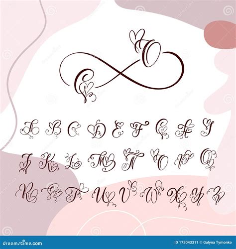 Handwritten Heart Calligraphy Monogram Alphabet. Valentine Cursive Font With Flourishes Heart ...