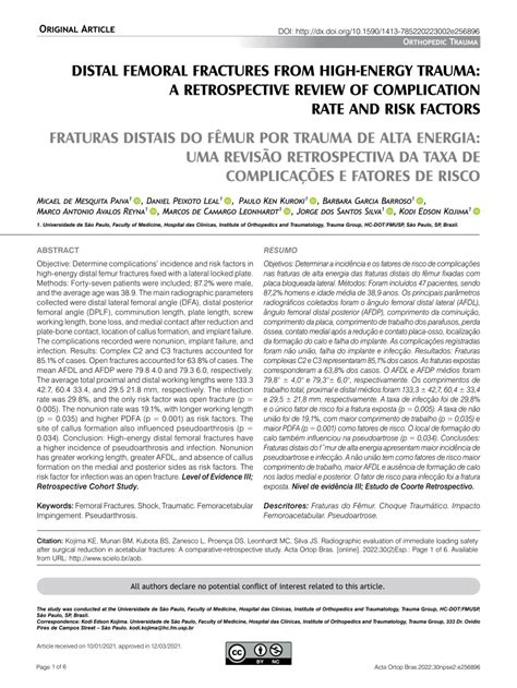 (PDF) DISTAL FEMORAL FRACTURES FROM HIGH-ENERGY TRAUMA: A RETROSPECTIVE REVIEW OF COMPLICATION ...