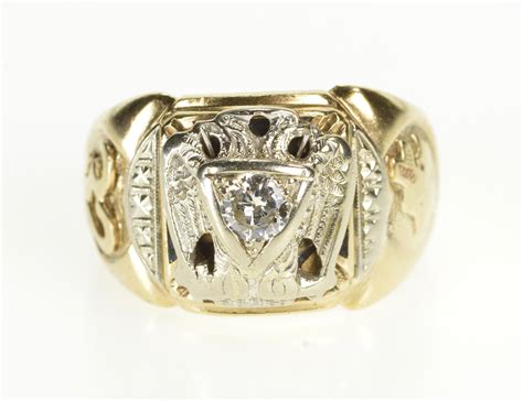 10K Masonic Two Tone 32nd Degree Mason Diamond Yellow Gold Ring, Size ...