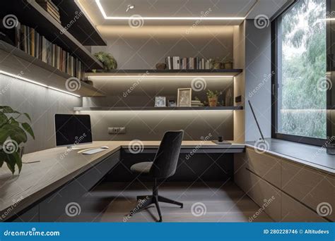 Minimalist Home Office with Sleek Desk and Lighting for Maximum Productivity Stock Illustration ...