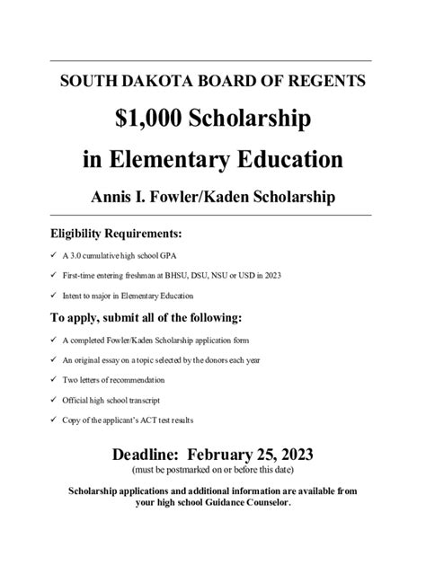 Fillable Online $1000 Scholarship in Elementary Education Fax Email ...