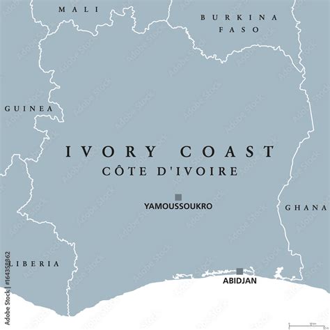 Ivory Coast political map with capital Yamoussoukro and Abidjan ...