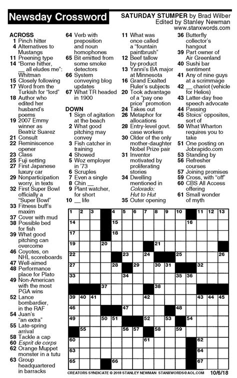 Www Toronto Star Diversion Newsday Crossword Puzzle Printable | James ...