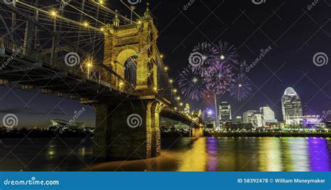 Fireworks at John a Roebling Suspension Bridge in Cincinnati, OH Stock Photo - Image of glow ...