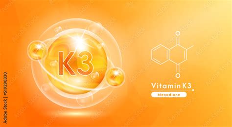 Vitamin K3 orange and structure. Pill vitamins complex and bubble ...