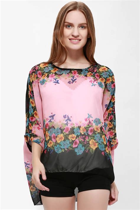 2018 Bohemia Style Scoop Neck Loose-fitting Bat-wing Floral Print Women's Blouse In Pink L ...