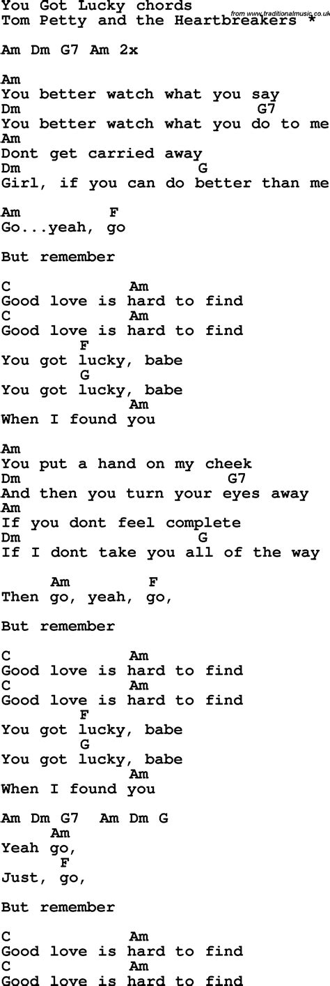 Song lyrics with guitar chords for You Got Lucky