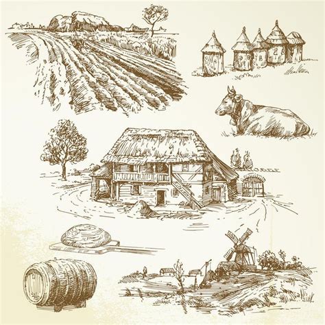 Hand Drawn Rural Landscape and Farming Collection