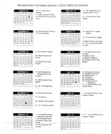 Meadowview Christian School Calendar