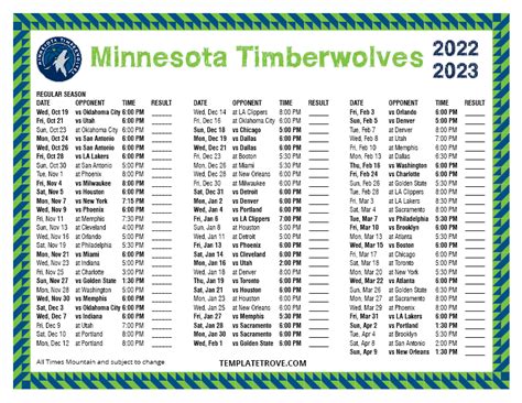 Printable 2022-2023 Minnesota Timberwolves Schedule