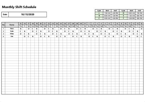 Monthly Employee Shift Schedule Template Excel