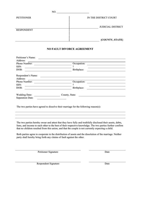 No Fault Divorce Agreement Template printable pdf download