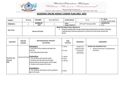 Lesson Plan Week 24 20- 24 Feb. 2023 - ACADEMIC ONLINE WEEKLY LESSON PLAN 2022- 2023 SUBJECT ...