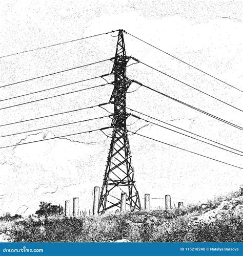 Transmission Tower, Electricity Pylon, Stylized Hand Drawing in Technique Charcoal Stock ...