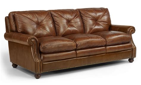 Flexsteel Latitudes-Suffolk Leather Stationary Sofa with Nailhead Trim | AHFA | Sofas