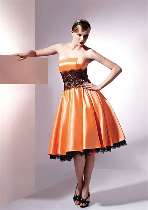 A-line Strapless Knee-length Orange Satin And Black Lace Party Dresses IDO0986 | Strapless prom ...