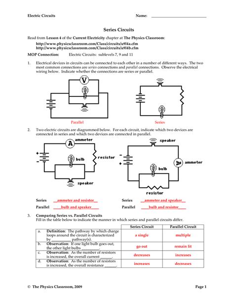 Parallel Circuit Problems Worksheets