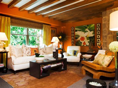 Tropical Orange Living Room With Exposed Beam Ceiling | Tropical living room, Living room orange ...