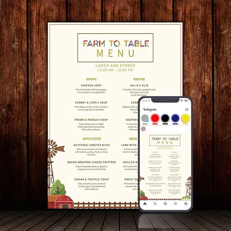 Farm to Table Menu and Instagram Post Template Editable - Etsy