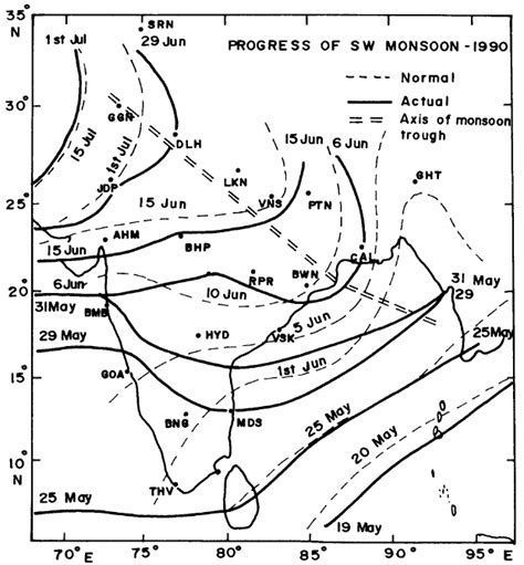 Progress of the southwest monsoon of 1990. The axis of the monsoon ...