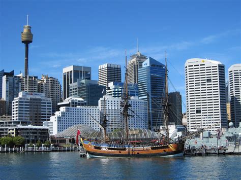 Sydney - City and Suburbs: Darling Harbour, Sydney skyline, Endeavour replica