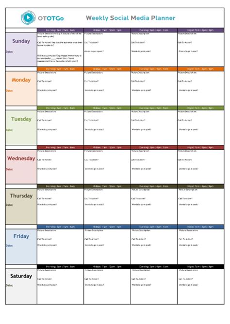 Weekly Social Media Planner Template printable pdf download