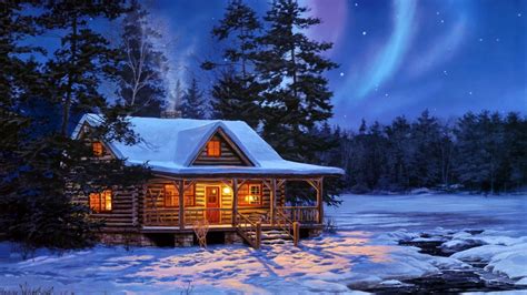 Download Tree Light Sky Snow Cabin Artistic Winter HD Wallpaper