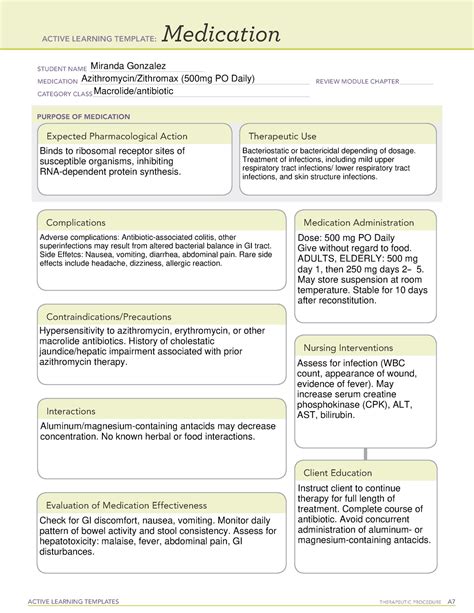 Azithromycin Drug card - ACTIVE LEARNING TEMPLATES THERAPEUTIC PROCEDURE A Medication STUDENT ...