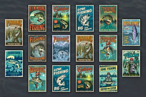 Retro fishing poster collection of 16 vector-based artworks.