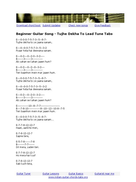 Beginner Song - Tujhe Dekha To Yeh Lead Tune Guitar Notes | PDF