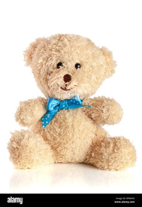 Toy teddy bear with blue bow isolated on white background Stock Photo - Alamy