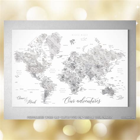 Custom marble effect world map with cities canvas print or push pin map. "Clare" # ...