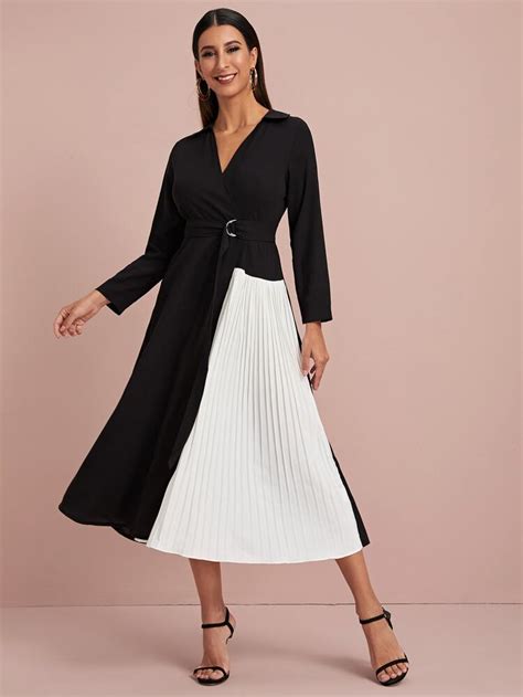 Monochrome Wrap Pleated Dress