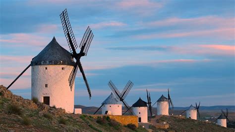 Blue sky and windmills, Consuegra, Toledo province, Castilla-La Mancha ...