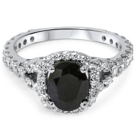 2 ct Black Sapphire & Diamond Cushion Halo Engagement Ring 14K White Gold