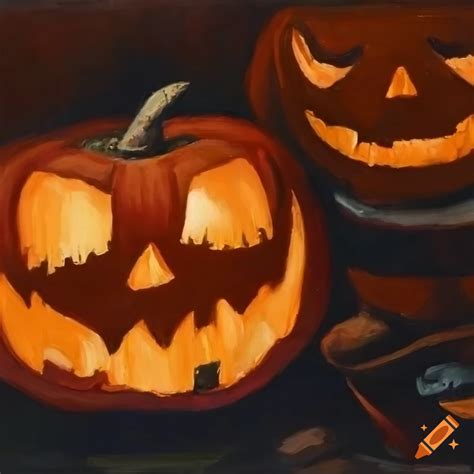 Moody oil painting of jack-o-lanterns on a london street on Craiyon