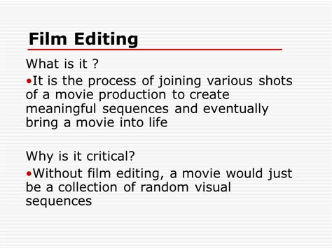 The Concepts and Techniques of Film Editing - 1031 Words | Presentation Example