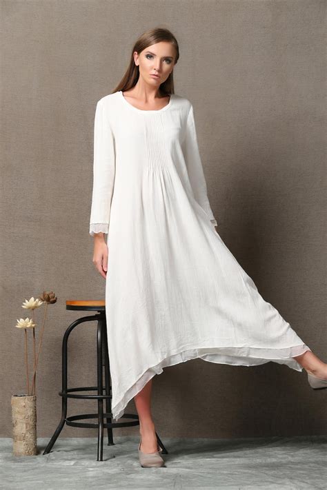 White Dress Women Lagenlook Layered Linen & Chiffon Relaxed-fit Long ...