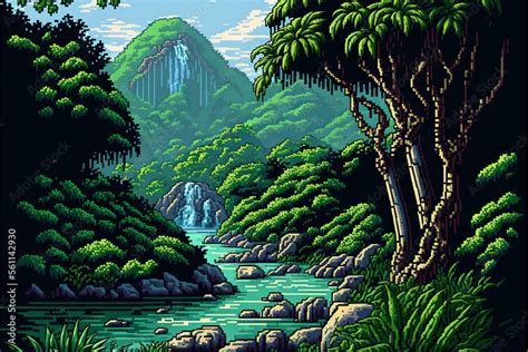 Rainforest landscape with river, 16 bit pixel art style. AI digital ...