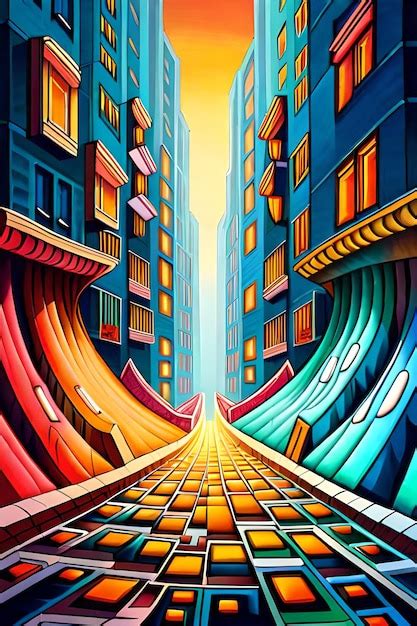 Premium AI Image | A colorful painting of a street with a street in the ...