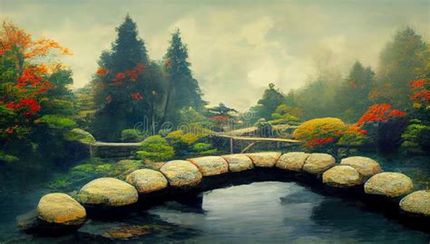 Japanese Garden with a Bridge Stock Illustration - Illustration of ...