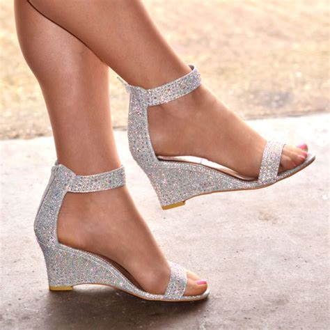 NEW Ladies Sparkly Ankle Strap Wedges Mid Heel Evening Diamante Shoes H20261 | Diamante shoes ...