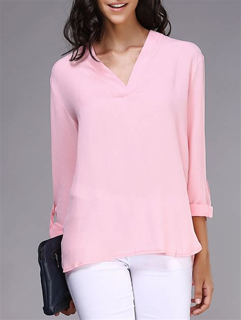 [41% OFF] 2021 Stylish V-Neck Long Sleeve Loose Pink Chiffon Blouse For Women In PINK | DressLily