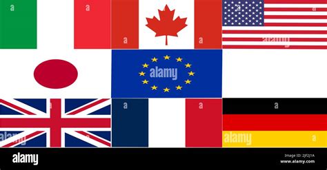 G7 summit. flags of members of G7 group of seven and list of countries ...