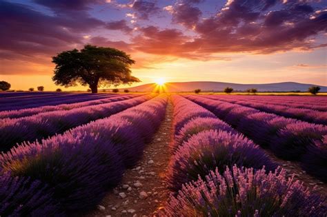 Premium Photo | Sunset over lavender field in Provence France AI Generated