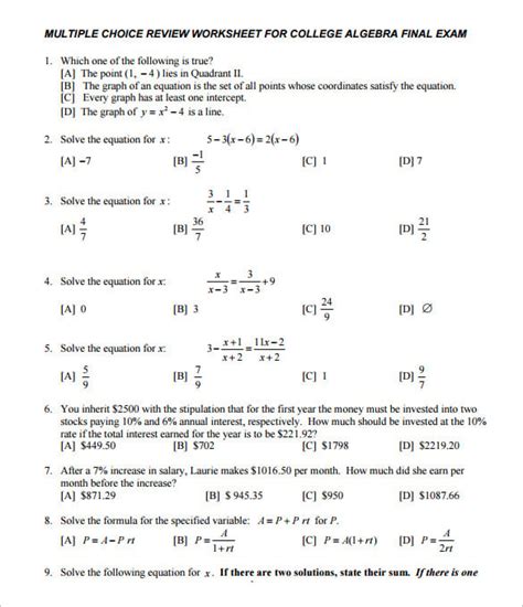 10+ College Algebra Worksheet Templates – Free Word & PDF Documents Download | Free & Premium ...