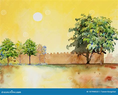 Watercolor Landscape Painting of Sun in Morning and Trees Stock ...