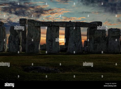 Close up of Stonehenge with winter solstice sunset (simulated), no ...