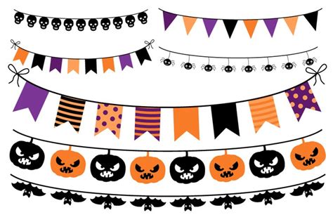 Halloween bunting clipart Orange purple flags banner skulls